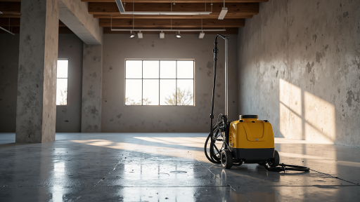 幕墙保洁专业设备展示，包括高空作业平台、清洁工具、安全绳索等设备整齐摆放，室内仓库环境