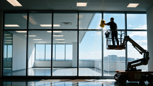 南京幕墙保洁公司专业团队工作现场，身穿安全防护装备，正在高楼外墙上进行清洁作业，阳光明媚的白天环境