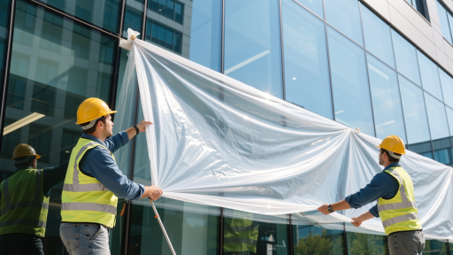 政府办公楼幕墙清洁项目，专业团队在进行高空作业清洁，庄严的政府建筑外观