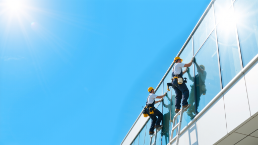 大型购物中心外墙清洁项目现场，工人正在使用专业设备清洁大面积玻璃幕墙，现代商业综合体建筑